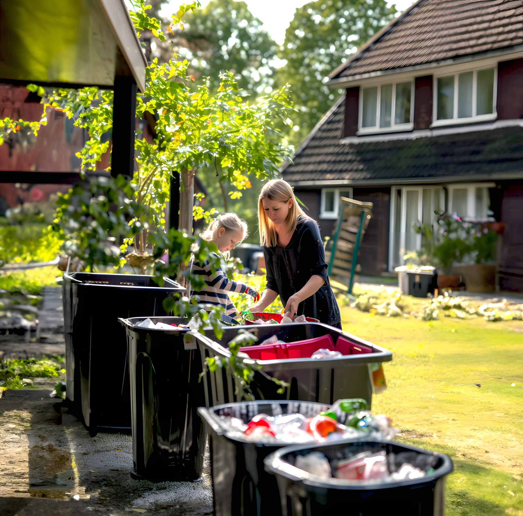 En kvinna och en yngre flicka sopsorterar i sina kärl i trädgården.