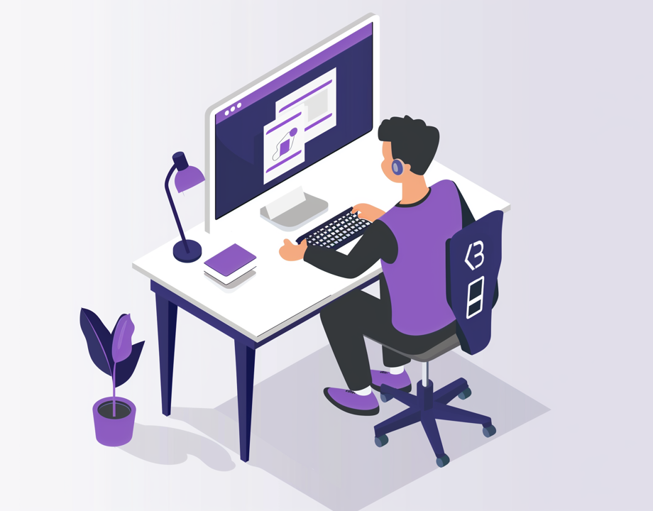 Tecknad bild av en person som sitter vid en skrivbord och kodar på en dator.