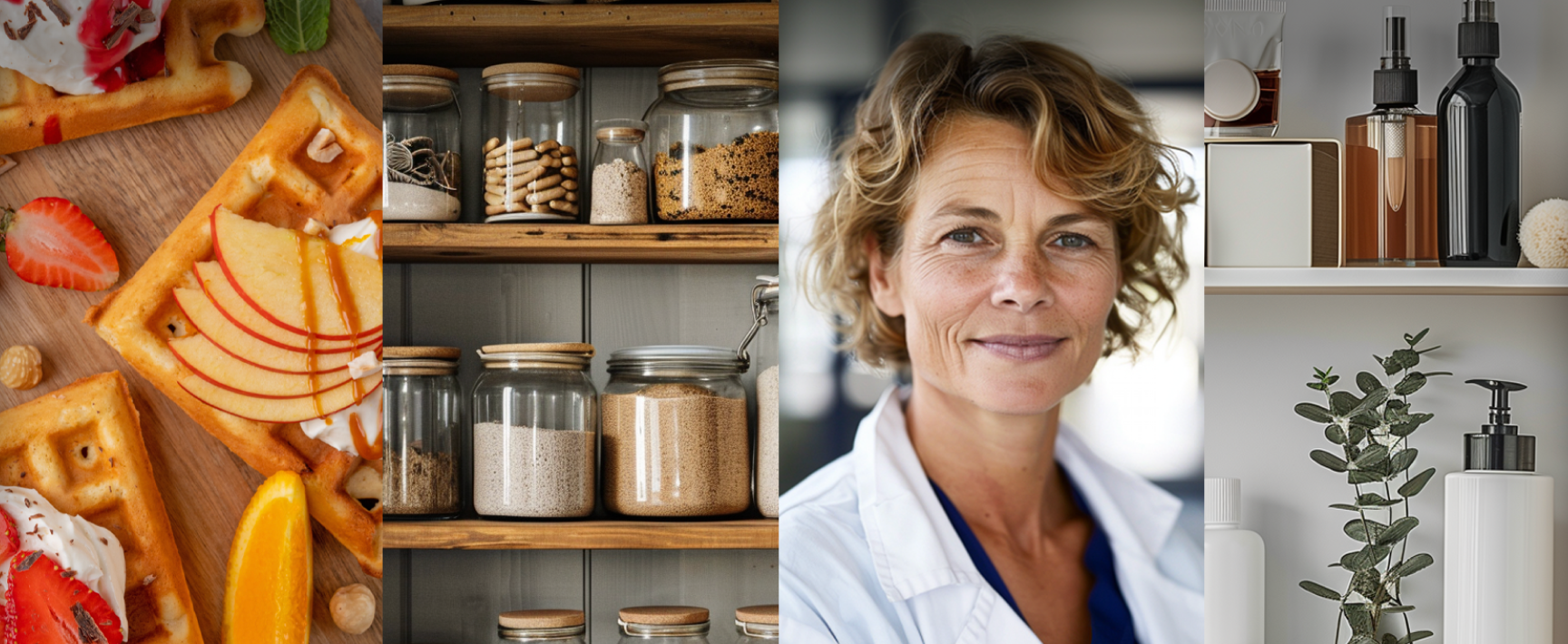 AI genererad bild på mat, ett skafferi, en hylla och en kvinna i vit rock.