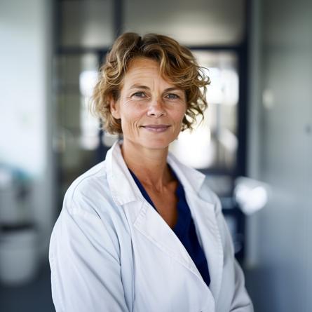 En kvinna i vit rock som ler och tittar in i kameran. Bilden är AI-genererad.