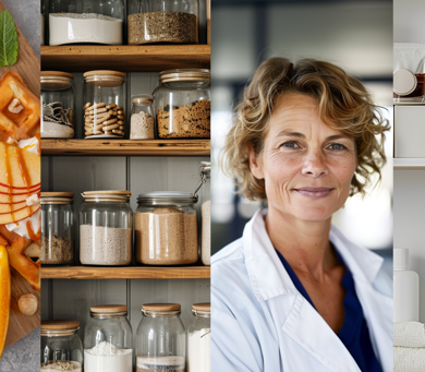 AI genererad bild på mat, ett skafferi, en hylla och en kvinna i vit rock.